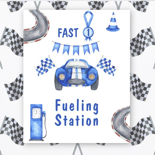 Waterverf raceauto eerste verjaardag tankstation poster