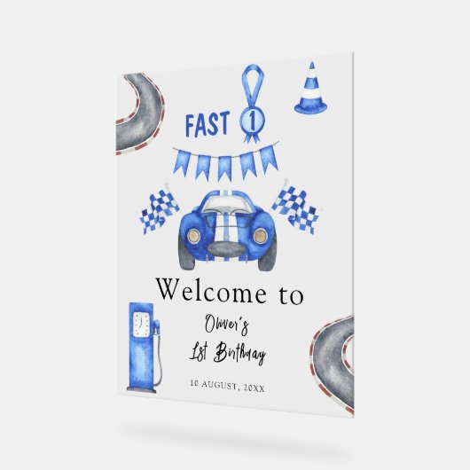 Waterverf raceauto eerste verjaardagsfeest welkom acryl bord (Hoek)