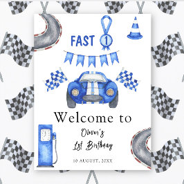 Waterverf raceauto eerste verjaardagsfeest welkom poster