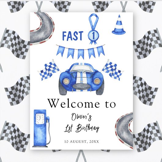 Waterverf raceauto eerste verjaardagsfeest welkom poster