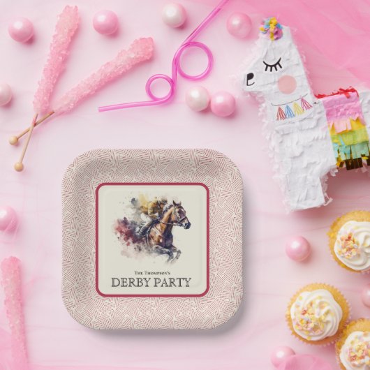 Waterverf Racehorse Derby Rode Plein Papieren Bordje (Feest)