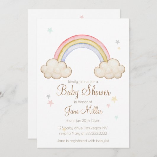 Waterverf Rainbow Baby shower Uitnodiging (Voorkant / Achterkant)