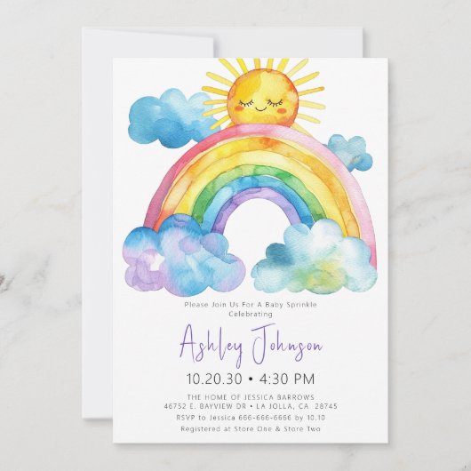 Waterverf Rainbow Baby Sprinkle Invitation Kaart (Voorkant)