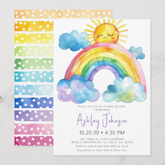Waterverf Rainbow Baby Sprinkle Invitation Kaart (Voorkant / Achterkant)