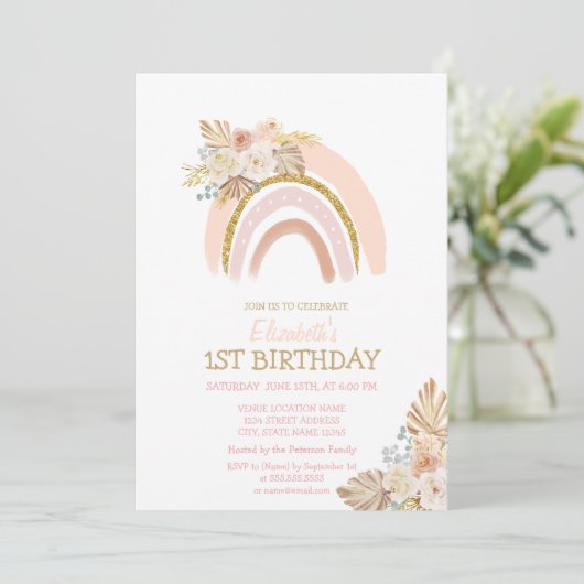 Waterverf Rainbow Boho Flowers Striped Birthday Kaart (Staand voorkant)