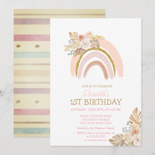 Waterverf Rainbow Boho Flowers Striped Birthday Kaart (Voorkant / Achterkant)