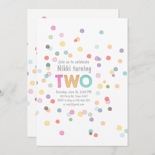 Waterverf Rainbow Confetti Birthday TWO Art Party Kaart (Voorkant / Achterkant)