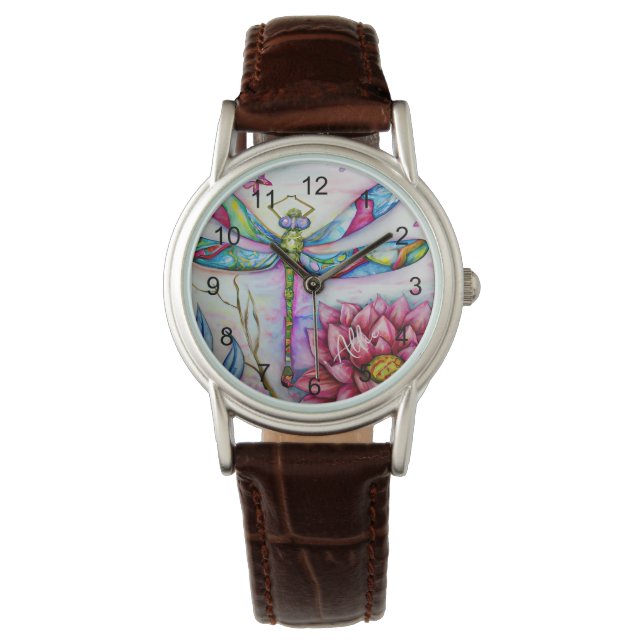 Waterverf Rainbow Dragonfly, personaliseren Horloge (Voorkant)