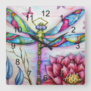 Waterverf Rainbow Dragonfly, personaliseren Vierkante Klok