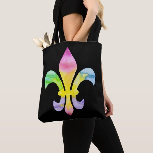 Waterverf Rainbow Fleur de Lis op Black Tote Bag (Dichtbij)