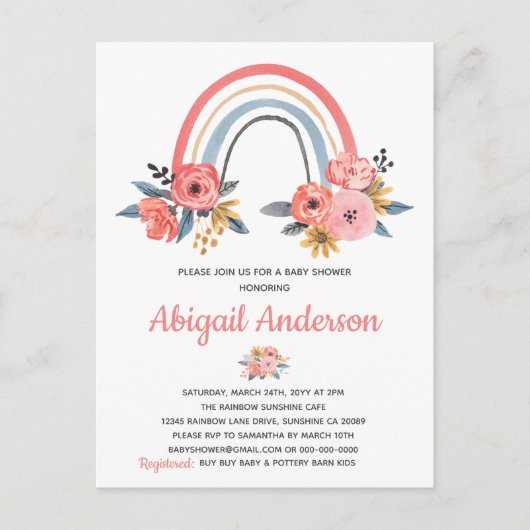Waterverf Rainbow Floral Baby shower Uitnodiging (Voorkant)