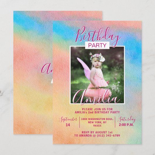 Waterverf Rainbow Girl verjaardagsfeestje | FOTO Kaart (Voorkant / Achterkant)