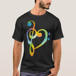 Waterverf Rainbow Heart Bass Clef Muzieknoot T-shirt