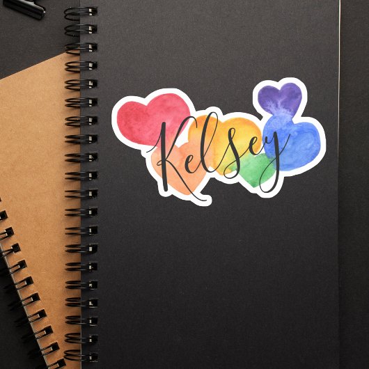 Waterverf Rainbow Hearts Naam Sticker