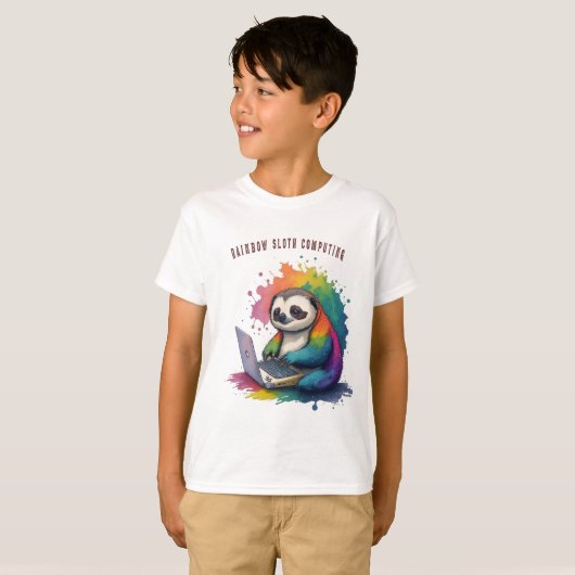 Waterverf Rainbow Leuke luiaard computergebruik T-shirt (Voorkant volledig)