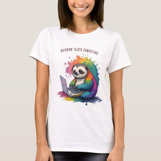 Waterverf Rainbow Leuke luiaard computergebruik T-shirt (Voorkant)