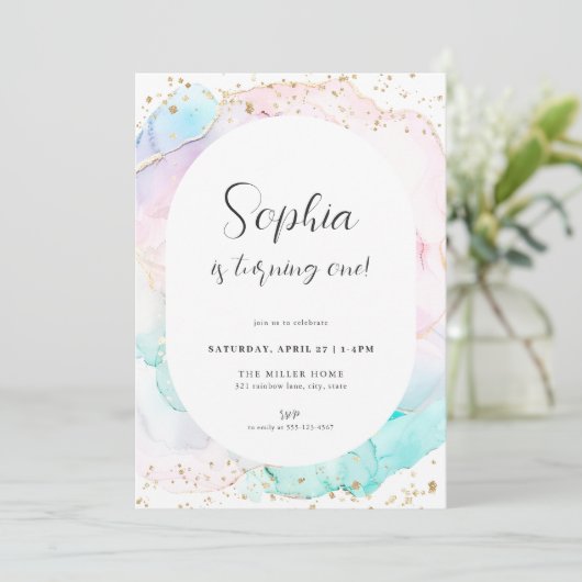 Waterverf Rainbow Pastel Gold Verjaardagsuitnodigi Kaart (Staand voorkant)