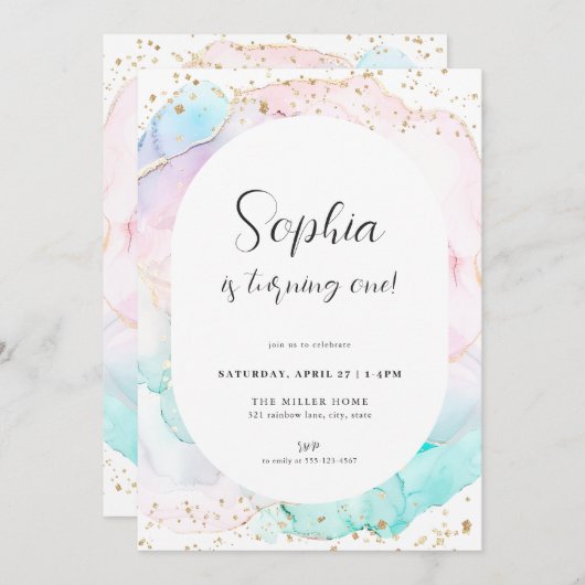Waterverf Rainbow Pastel Gold Verjaardagsuitnodigi Kaart (Voorkant / Achterkant)