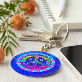 Waterverf Rainbow Peace Sign against Vibrant Blue Sleutelhanger (Zijkant)