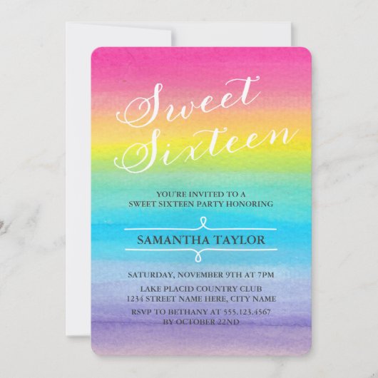 Waterverf Rainbow Sweet Sixteen Party Invite Kaart (Voorkant)