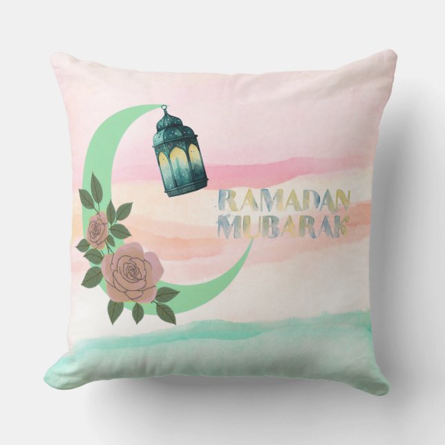 Waterverf Ramadan-ontwerp | Lantaarn, Halve Maan Kussen (Voorkant)