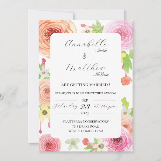 Waterverf Ranunculus Flower Wedding Invitation Kaart (Voorkant)