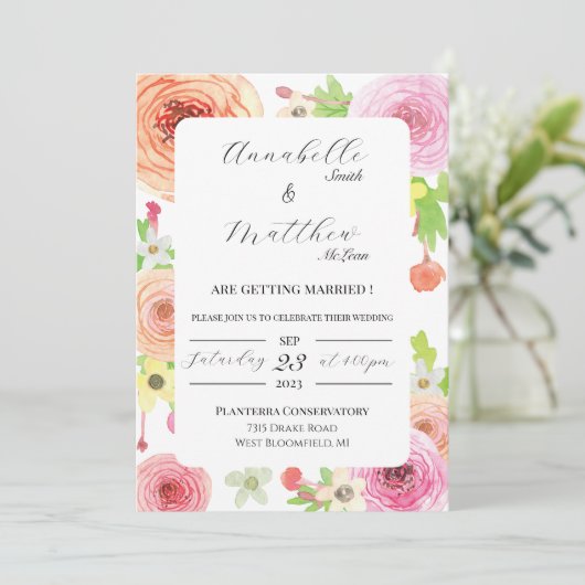 Waterverf Ranunculus Flower Wedding Invitation Kaart (Staand voorkant)