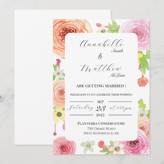 Waterverf Ranunculus Flower Wedding Invitation Kaart (Voorkant / Achterkant)