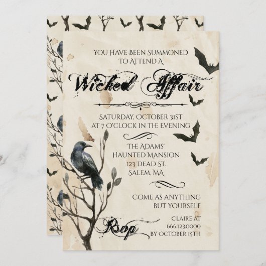 Waterverf Raven & Bats Halloween Party Kaart (Voorkant / Achterkant)