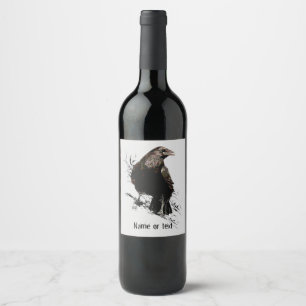 Waterverf Raven Bird Art personaliseren Wijn Etiket