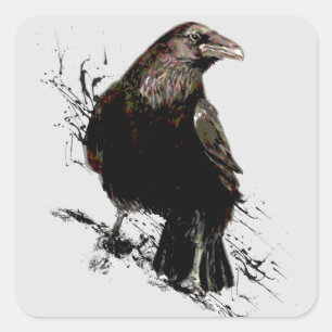 Waterverf Raven Bird Art Vierkante Sticker