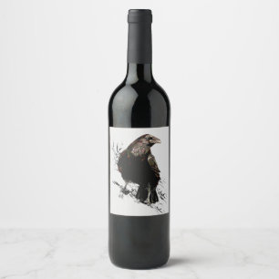 Waterverf Raven Bird Art Wijn Etiket