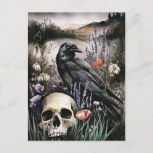 Waterverf Raven en Skull Wildflower Field Briefkaart