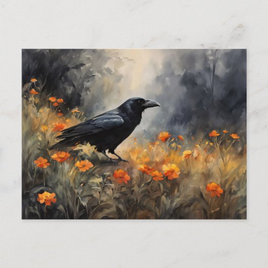 Waterverf Raven in een Wildflower Field Briefkaart (Voorkant)