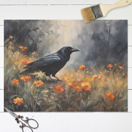 Waterverf Raven in een Wildflower Field Decoupage Tissuepapier