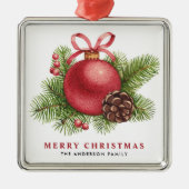 Waterverf Red Ball Bauble Vrolijk Kerstfeest Metalen Ornament (Voorkant)