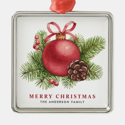 Waterverf Red Ball Bauble Vrolijk Kerstfeest Metalen Ornament (Voorkant)