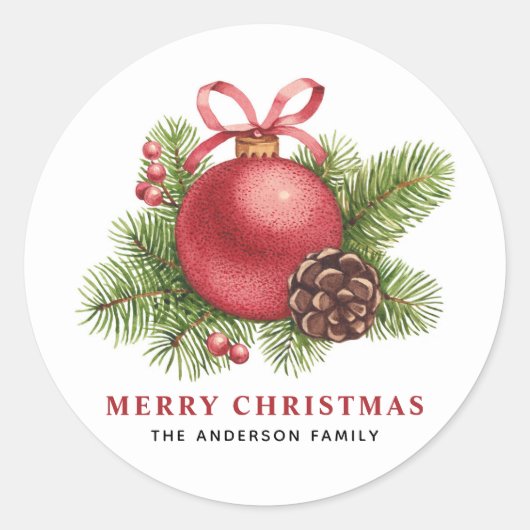 Waterverf Red Ball Ornament Vrolijk kerstfeest Ronde Sticker (Voorkant)
