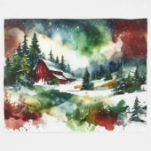 Waterverf Red Barn Winter Scene Fleece Deken (Voorkant (Horizontaal))
