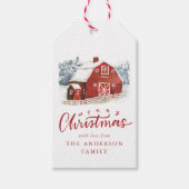 Waterverf Red Barn Winter Scene Holiday Cadeaulabel (Voorkant)