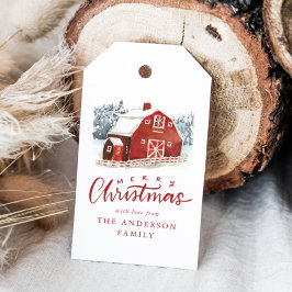Waterverf Red Barn Winter Scene Holiday Cadeaulabel