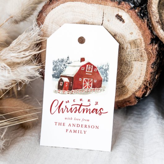 Waterverf Red Barn Winter Scene Holiday Cadeaulabel