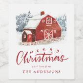 Waterverf Red Barn Winter Scene Holiday Wijn Etiket (Enkel label)