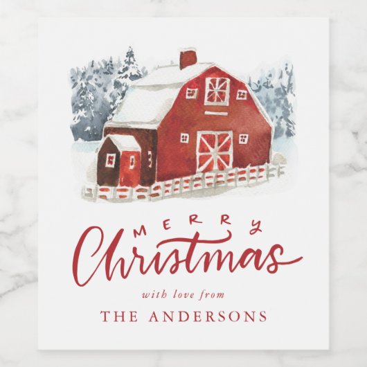 Waterverf Red Barn Winter Scene Holiday Wijn Etiket (Enkel label)