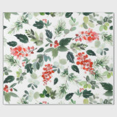 Waterverf Red Berries Greenery kerstfeestdag Cadeaupapier (Vlak)