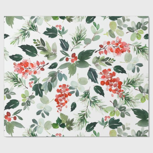 Waterverf Red Berries Greenery kerstfeestdag Cadeaupapier (Vlak)
