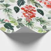 Waterverf Red Berries Greenery kerstfeestdag Cadeaupapier (Hoek)