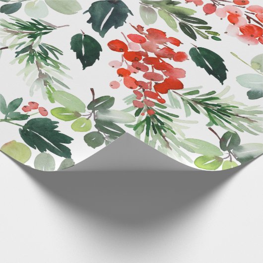 Waterverf Red Berries Greenery kerstfeestdag Cadeaupapier (Hoek)