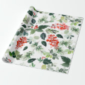 Waterverf Red Berries Greenery kerstfeestdag Cadeaupapier (Uitgerold)