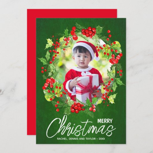 Waterverf Red Berries Greenery kerstfoto Feestdagenkaart (Voorkant / Achterkant)